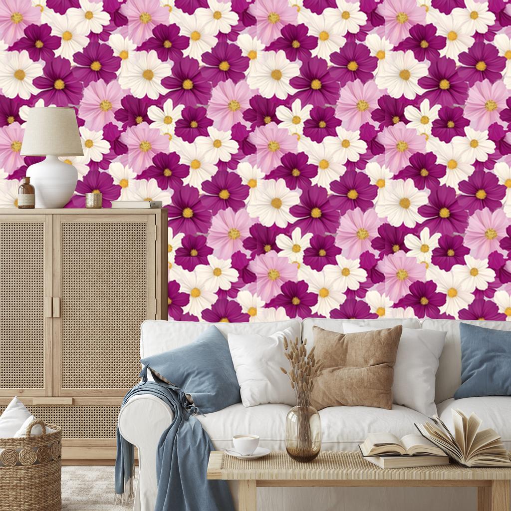 Wallpaper Flowers and Leaves Purple and Powder Pink for Living Room and Bedroom 50x1000