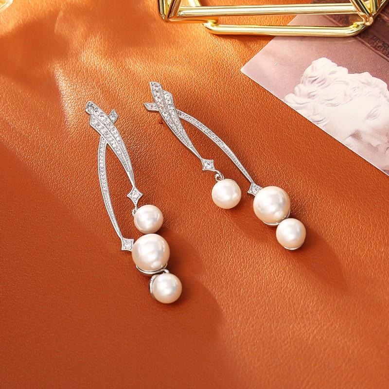 Elegant Long Drop Earrings With Micro-Paved Pearls Gold Plated Sterling Hypoallergenic Lightweight Fashion Jewelry