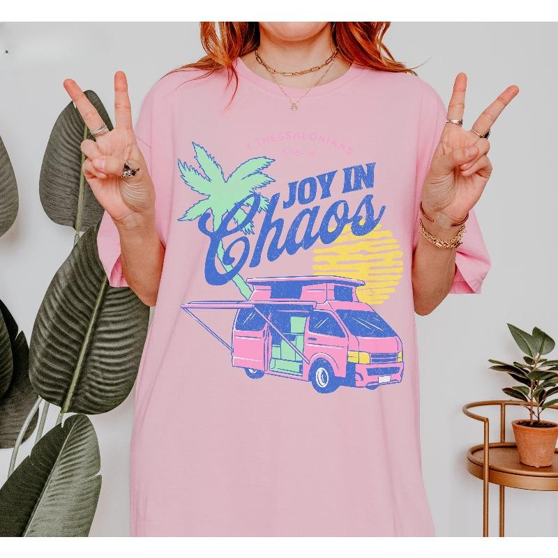 Ladies Palm Tree Pattern and Car Printed Tshirt Vacation Style Top SpringSummer Pure Cotton Short Sleeve Unisex Tshirt M