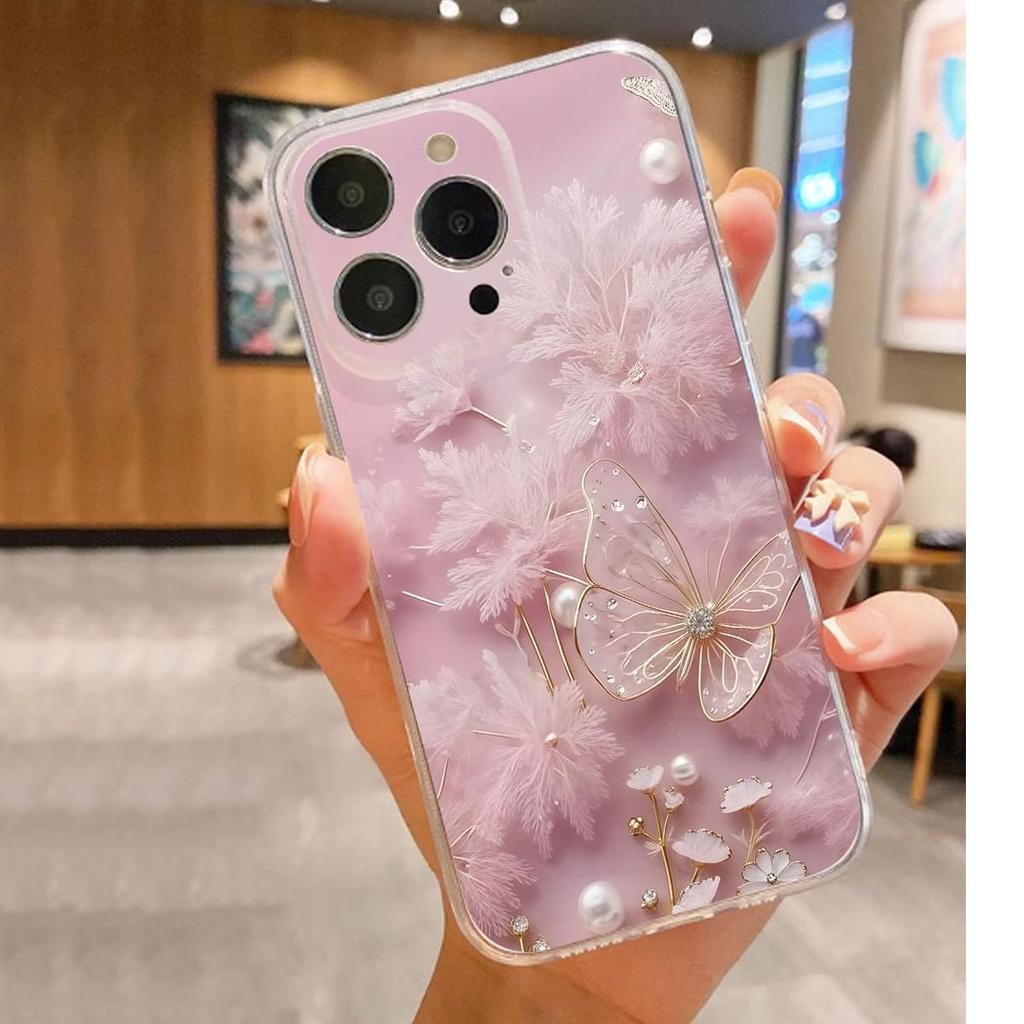 Light Pink Butterfly Drop-Proof Transparent Case for iPhone 14/15/16/17 Pro Max Series