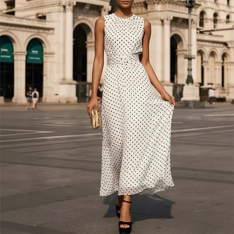 Fashion Polka Dot Maxi Dresses Women Elegant O-neck Lotus Hem Long Gowns Chic Lady Sleeveless High Waist Bodycon Summer Robes