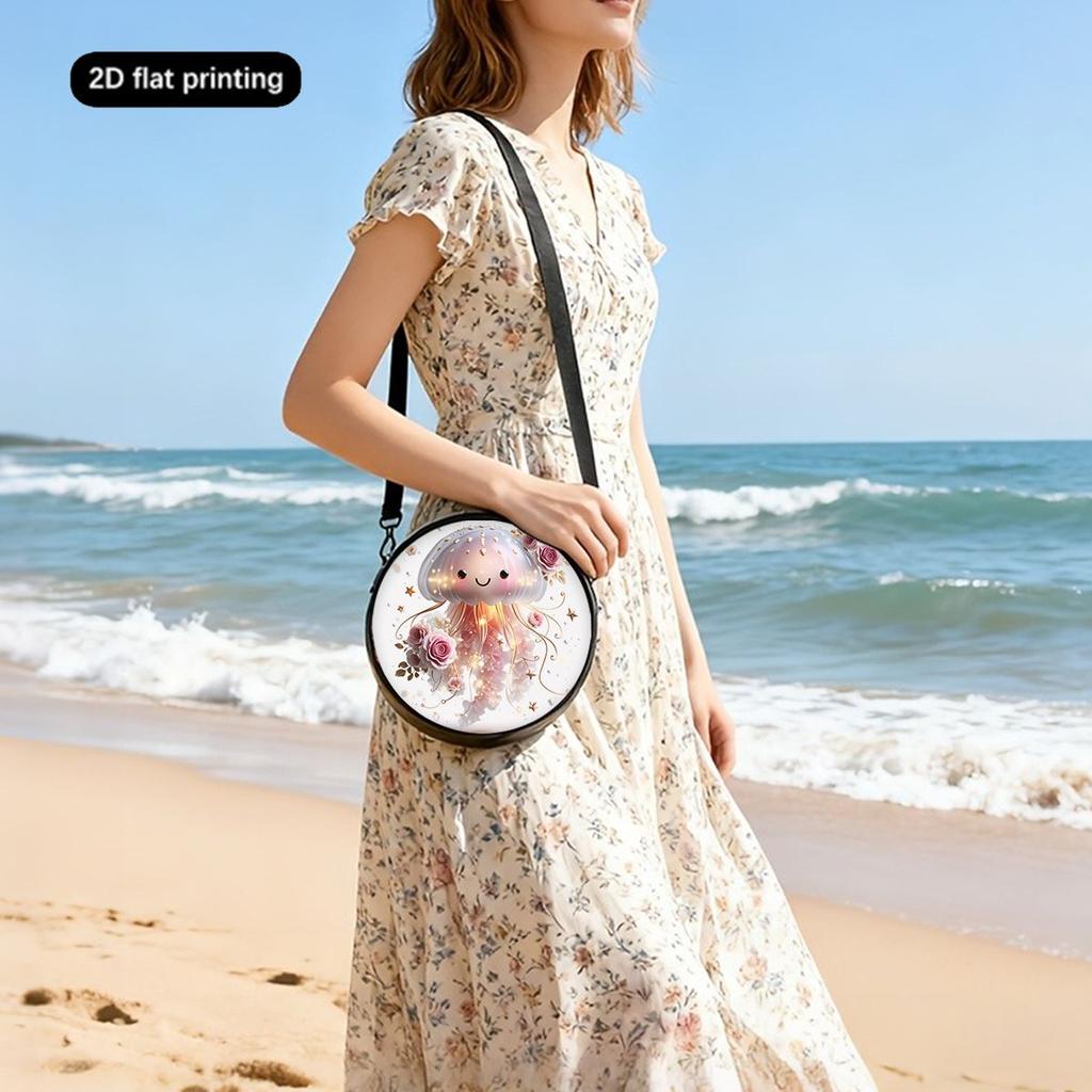 Beautiful Jellyfish Print Round Shoulder Bag Casual Messenger Bag for Woman Best Gifts 2D Flat Casual Daily Crossbody Bag