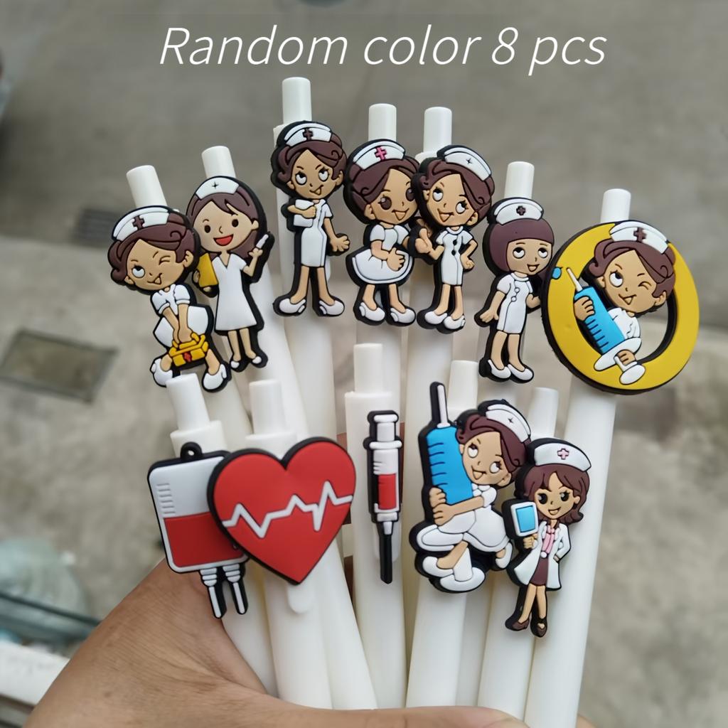8pcs Nurse-Themed Ballpoint Pens with Cute Cartoon Nurse & Medical Icons - Durable Plastic Pens for, Office