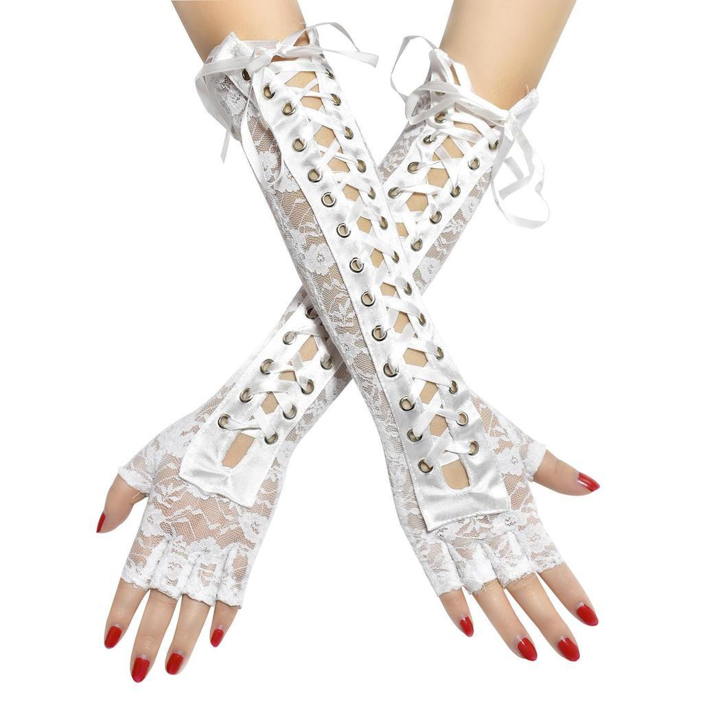 Lolita Lace Studded Tie-Up Half-Finger Cosplay Dance Gloves with Buckle