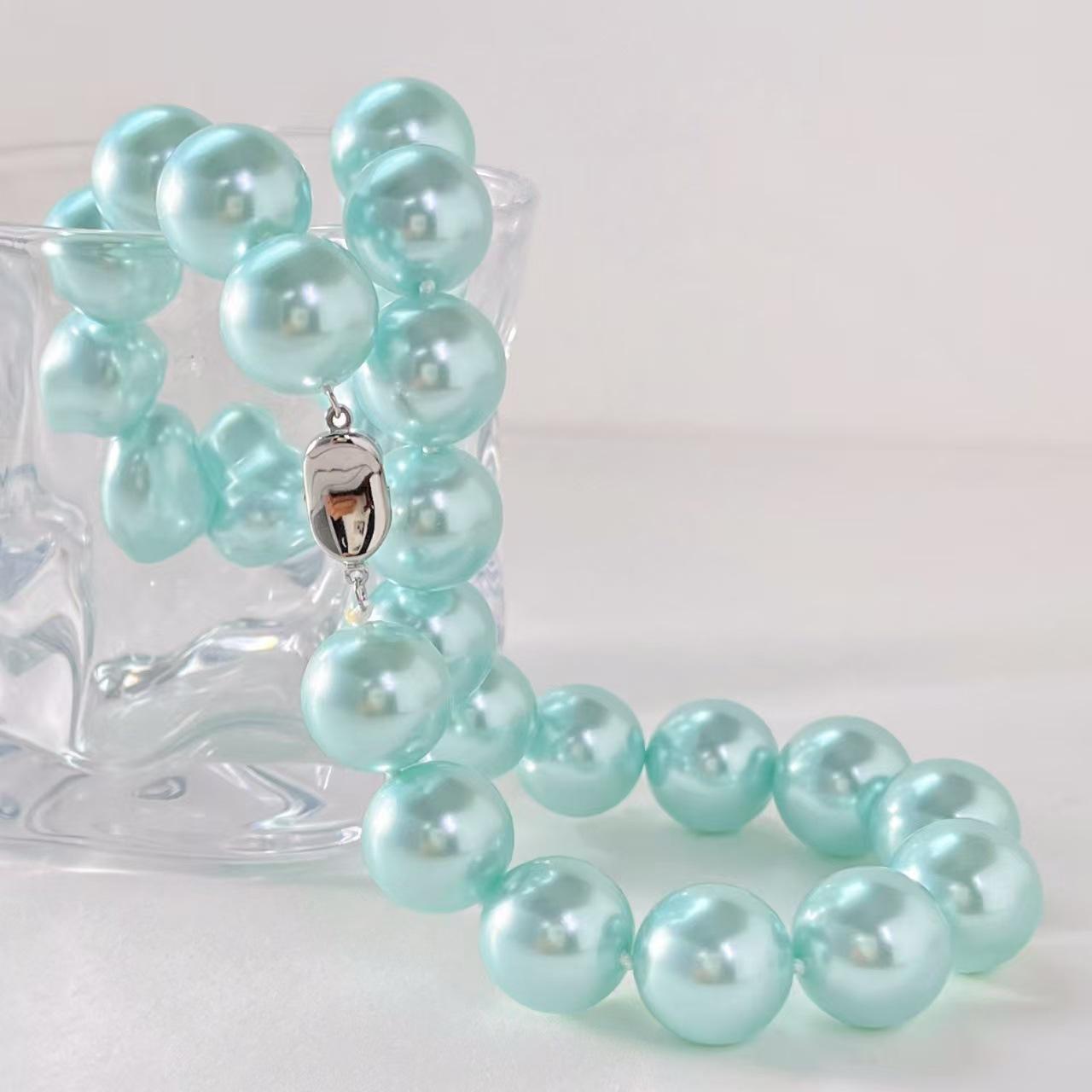 

Vintage 16Mm Large Particles High Quality Haze Blue-Green Artificial Crystal Pearl Necklace Collarbone