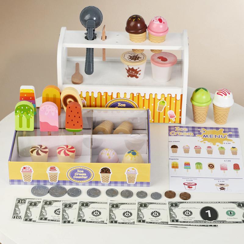 Wooden Ice Cream Counter Playset Montessori Pretend Play Kitchen Food Toys for Kids