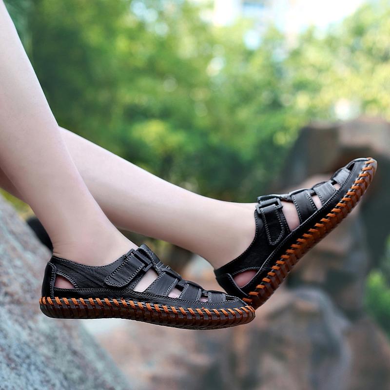 Men Outdoor Hiking Sandals Black Leather Closed Toe Yellow Beach Shoes Wide Handmade Sandals Plus Size for Father