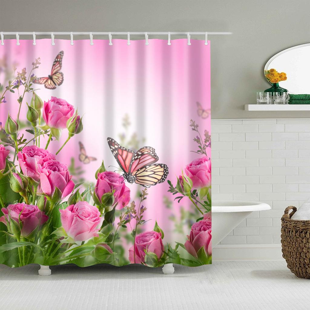 Garden Flower Shower Curtain Botanical Floral Printed Bathroom Curtain Polyester Fabric Home Decor Bathtub Screen with Hooks