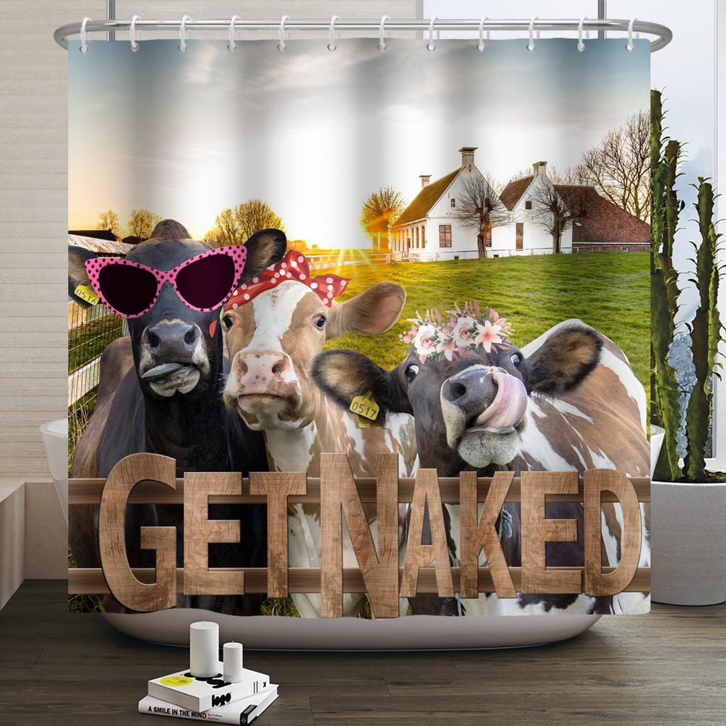 Bauernhoftiere Duschvorhang Niedlich Lustig Kuh Huhn Schwein Blume Pferd Holz Bauernhaus Scheune Rustikal Duschvorhang für Badezimmerdeko