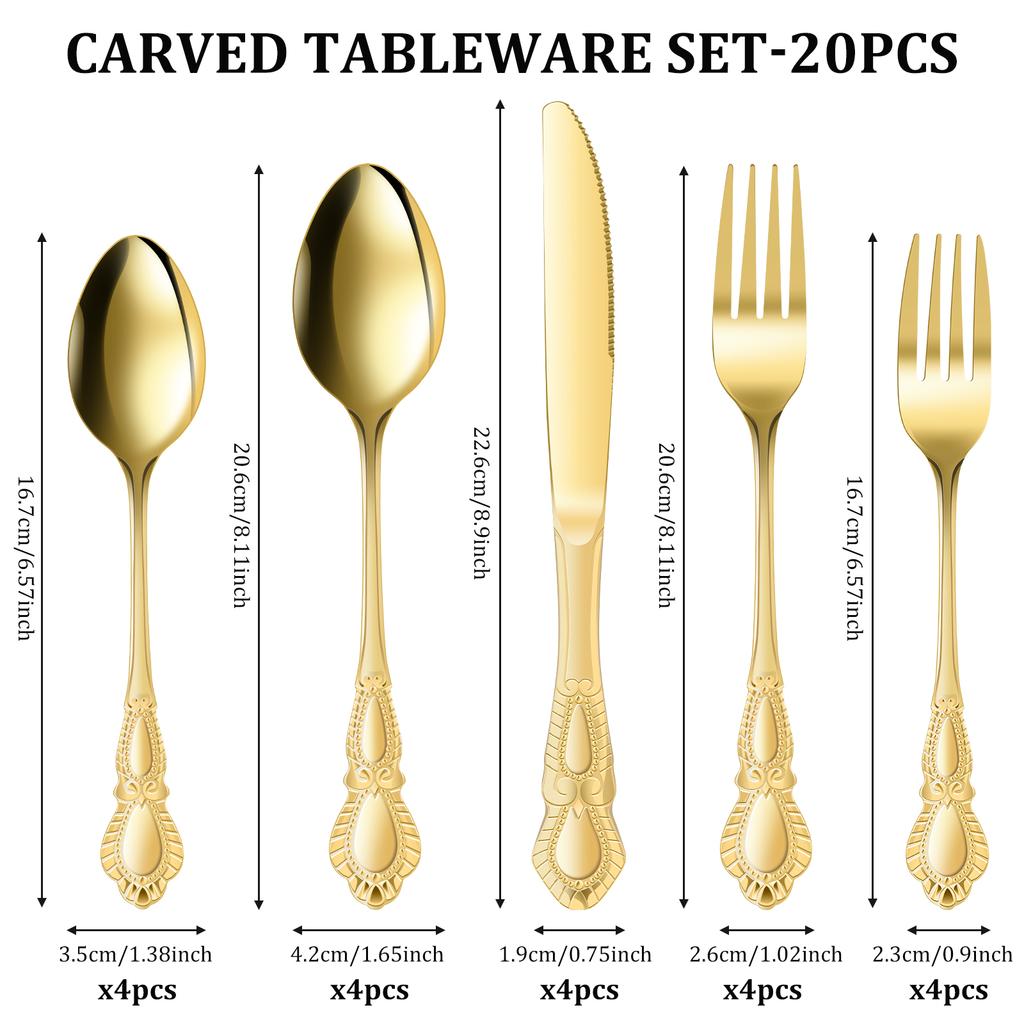 20 Pcs Vintage Silverware Set for 4 Stainless Steel Utensil Set Including Fork Spoon Picnic Travelling Ultralight Dinnerware
