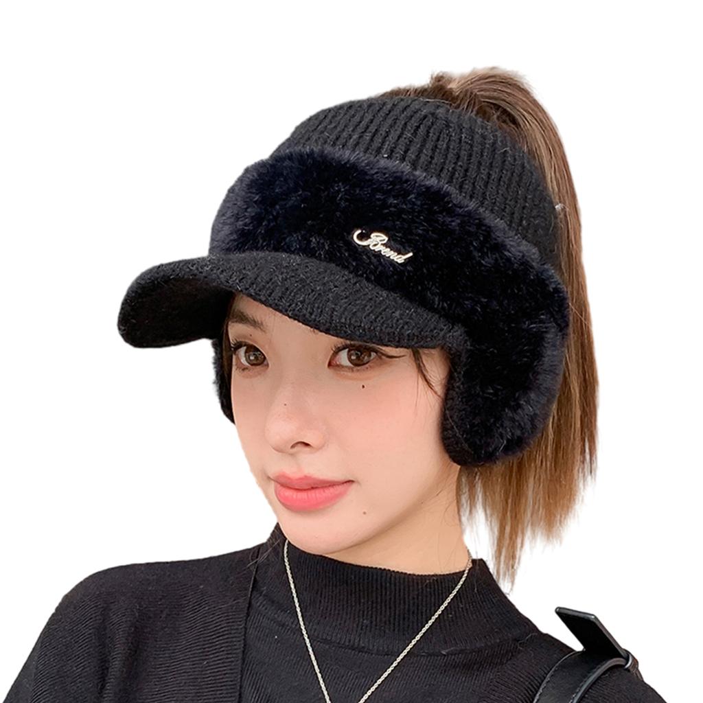 Novelty Furry Knitted Baseball Cap with Earflaps Women Influencers Same Slouchy Warm Ear Protections Empty Top Hat