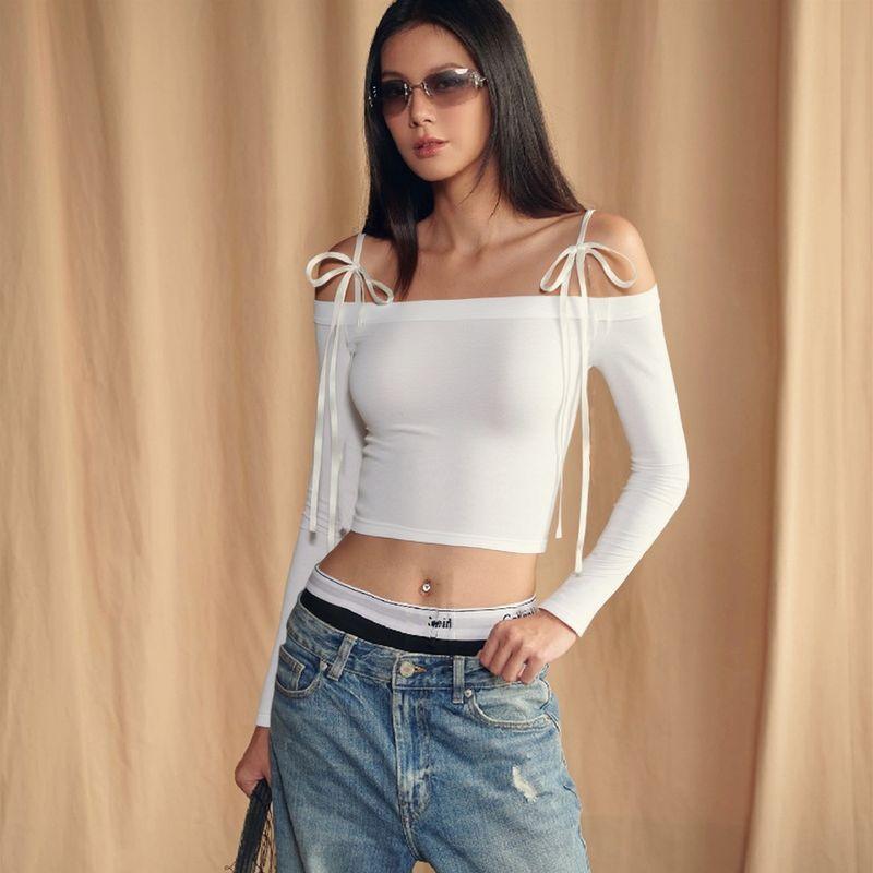 French Style Sexy Lace-up off-Shoulder White Long Sleeves Shirt Women Autumn Simple and Versatile Slim Fit Navel Temperament Top Fashion