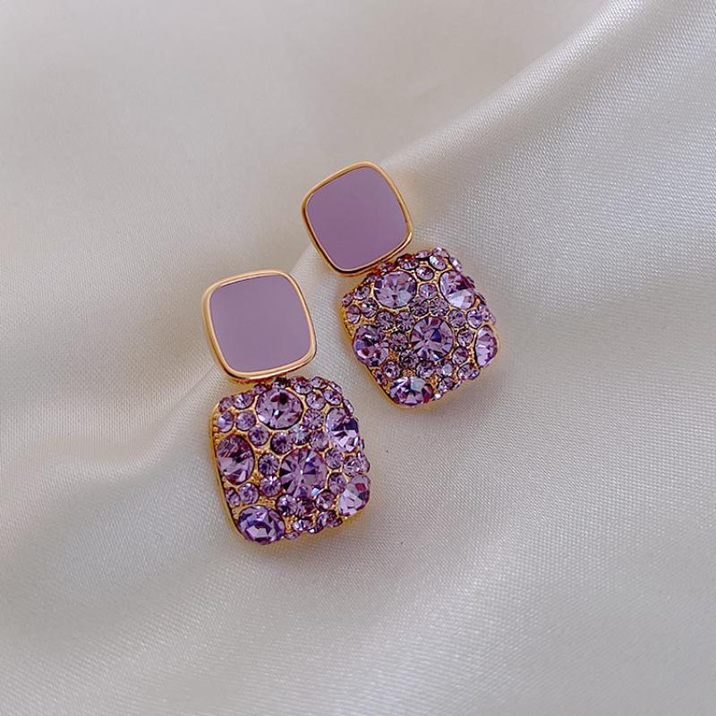 Luxury Rhinestone Geometric Square Enamel Drip Earrings