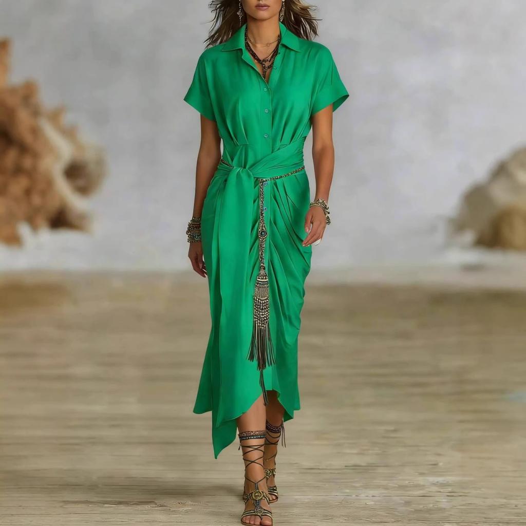 Women's -color Short-sleeved Pleated Bohemian Shirt Dress