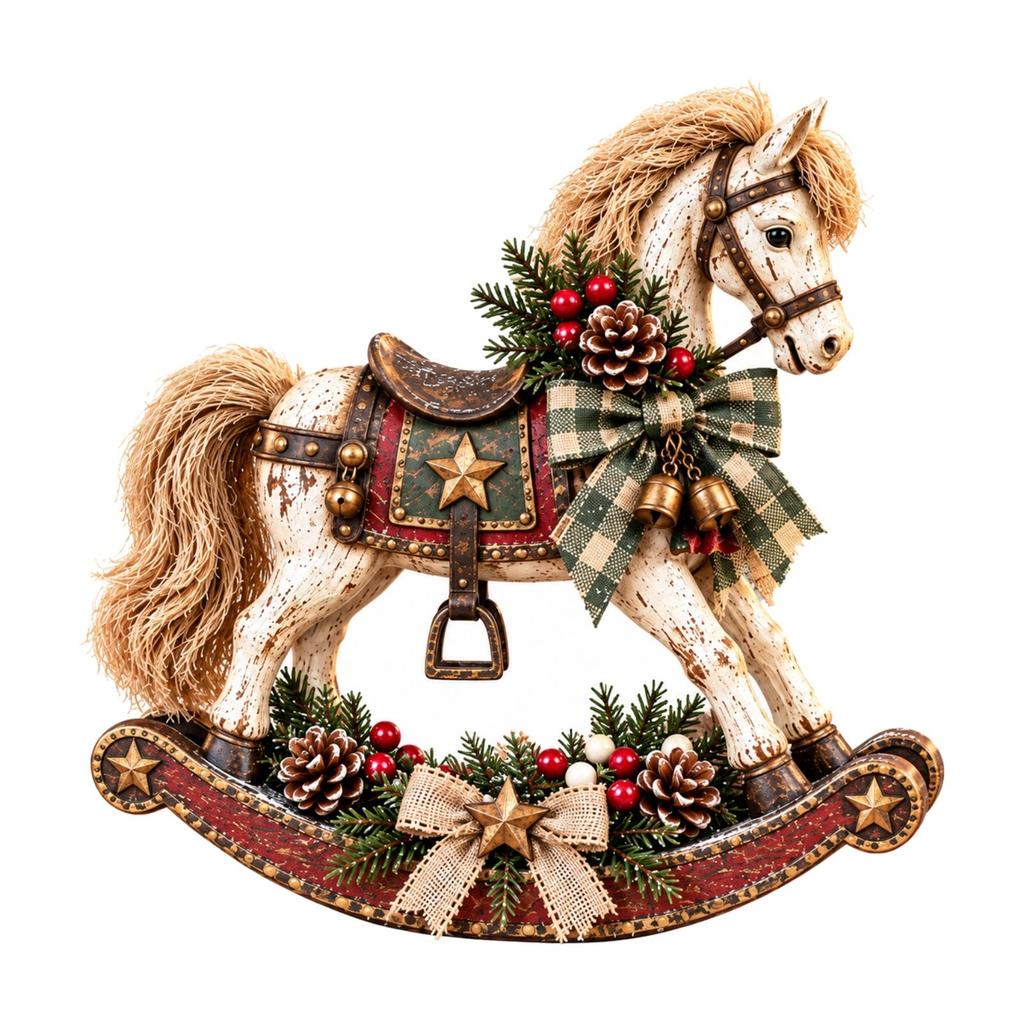 Distressed Rocking Horse Ornament Classic Holiday with Scarf and Bells Festive