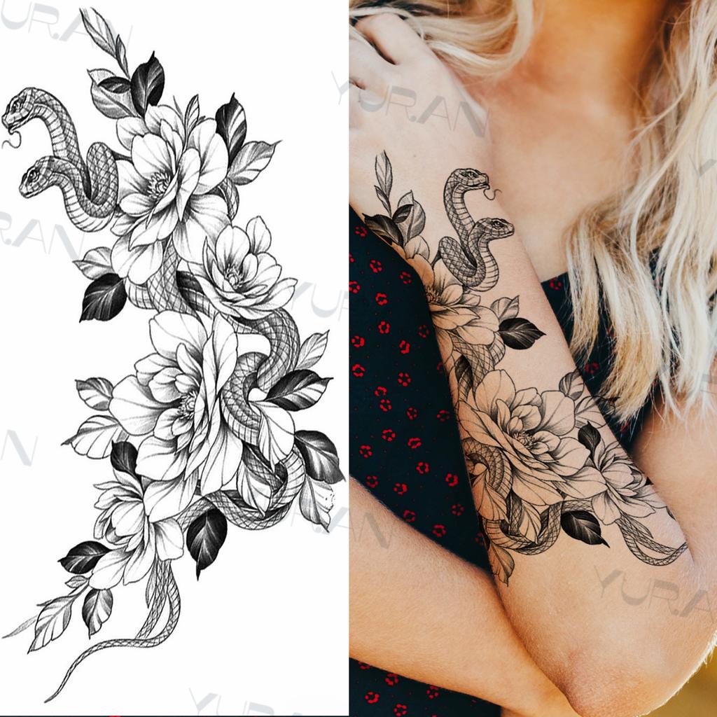 Zwarte Grote Slang Bloem Fake Tattoo Sticker Voor Vrouwen Dot Rose Pioen Tijdelijke Tattoos DIY Water Transfer Tatoos Meisjes