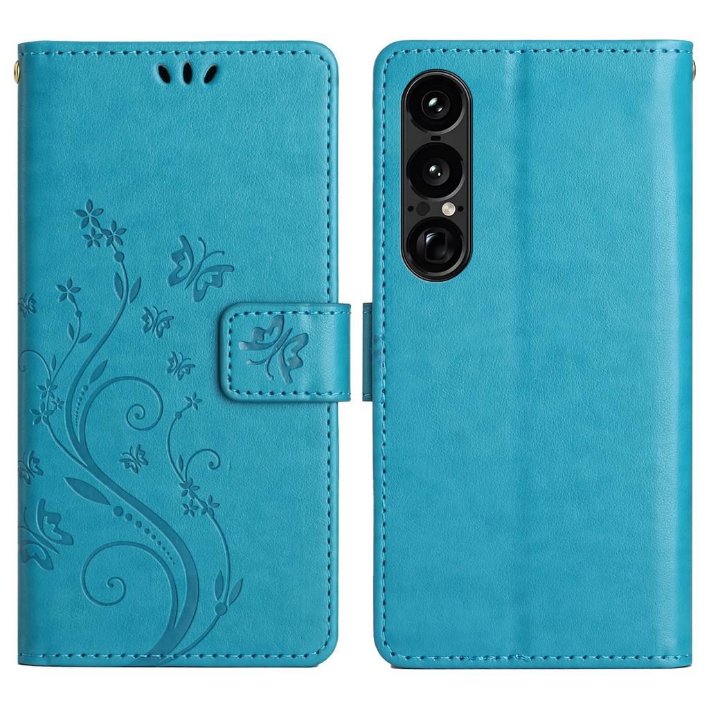 Dla Sony Xperia 1 VII Skórzane etui portfelowe z nadrukiem motyla i kwiatów, pokrowiec na telefon ze smyczą