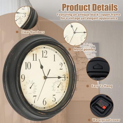 Vintage Stille Wanduhr Rund Klassisch Außen Gartenuhr Wasserdicht Quarz Dekorationsuhr Batteriebetrieben für Zuhause Büro