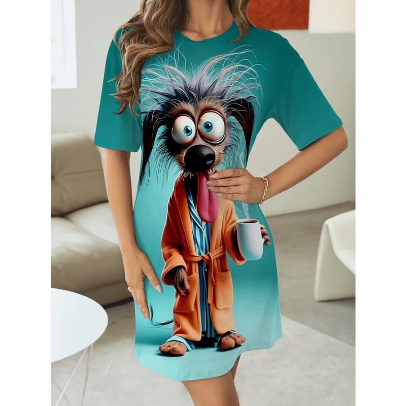 Women's T-Shirt Dress, Cartoon Coffee Dog Print, Short Sleeve, O-Neck, Polyester