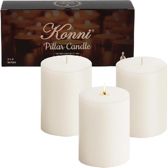 KONNI White Pillar Candles Set of 6, 3 x 3  Unscented Pillar Candles Bulk, 30 Hours Long Burning Candles, Smokeless&Dripless Large Round Candle for 3x4-3count