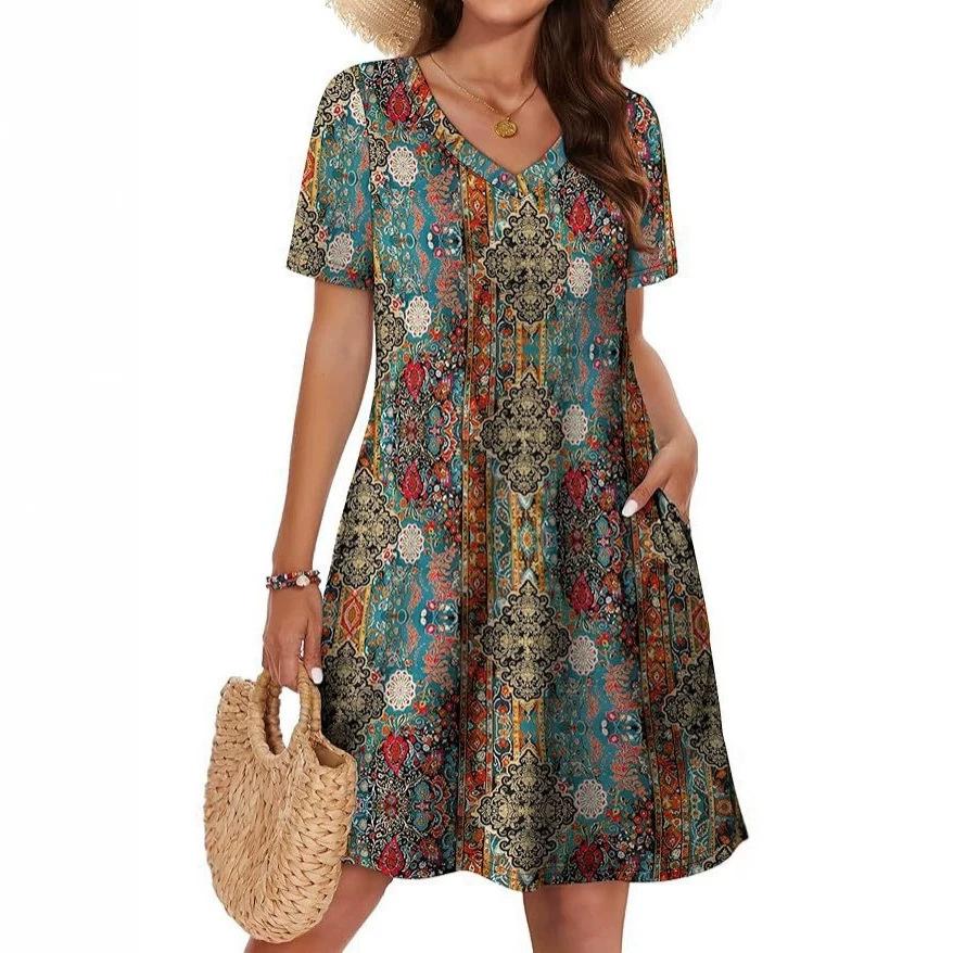 2026 New Women's Crew Neck Short Sleeve Long Dress Bohemian Print Dress Women's Early Summer