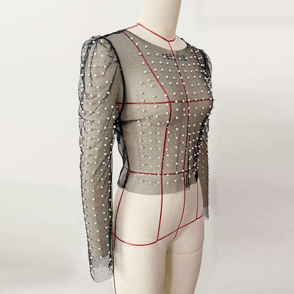 Women's Summer Rhinestone Bubble Sleeve Mesh Top