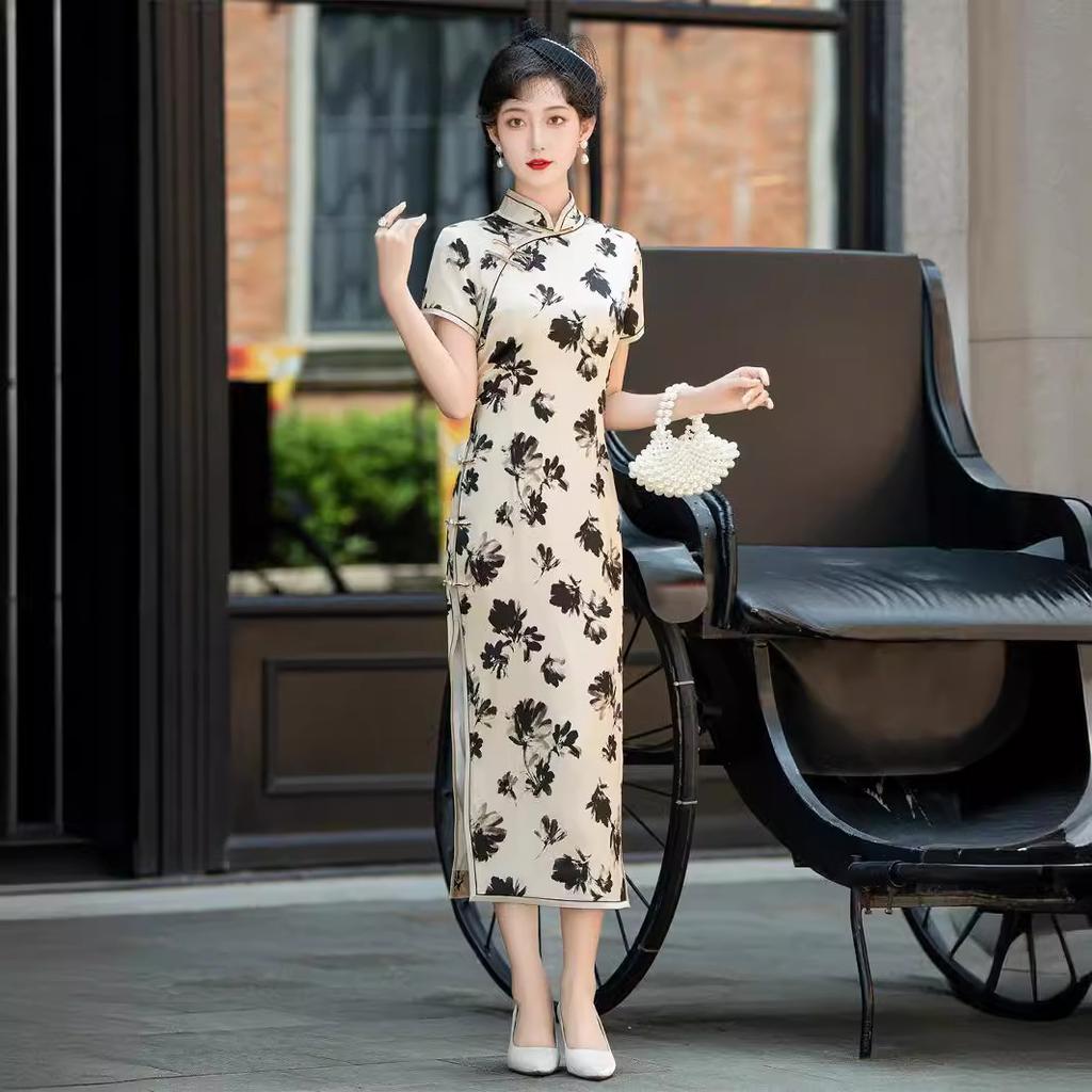 High-end new Chinese silk cheongsam summer women's 1011 new improved ink painting national style mulberry silk dress young