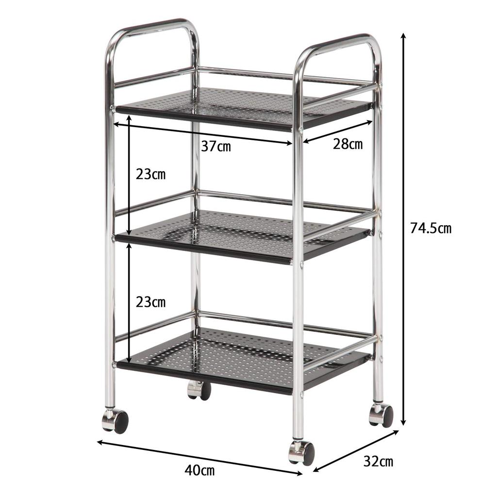 Fuji Boeki Kitchen Cart, 3-Tier, 40cm Wide X 32cm Deep X 74.5cm High, Black, Steel, with Casters, Assembly Required, 93396