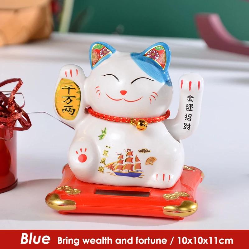 4.5 Inch Ceramic Beckoning Lucky Cat Solar Powered Fortune Cat Waving Arm Maneki Neko Gift Box Home Decoration Zen Centerpiece