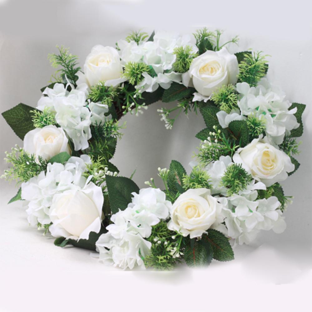 Artificial White Rose Wreath Faux Flower Wreath for Outdoor Front Door Wedding Wall Window Decor