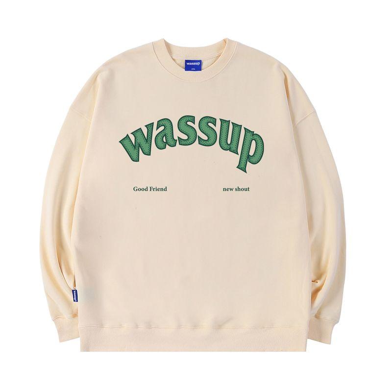 Wassup Heods Heavyweight Sweatshirt for Men, Fleece-Lined, American High Street Fashion Brand, Autumn and Winter Couple Style, Crew Neck Pullover Top