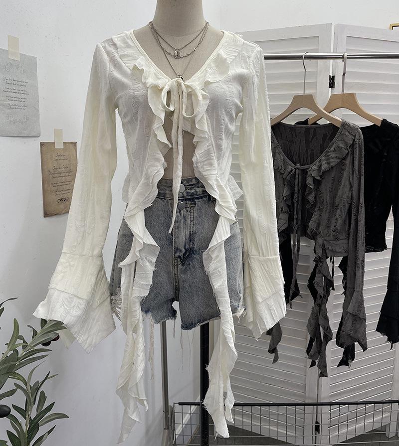 

Post-Apocalyptic Style Ruffled Tie-Up Ripped Cardigan, Long-Sleeve Outer Layer One Size абрикосовий