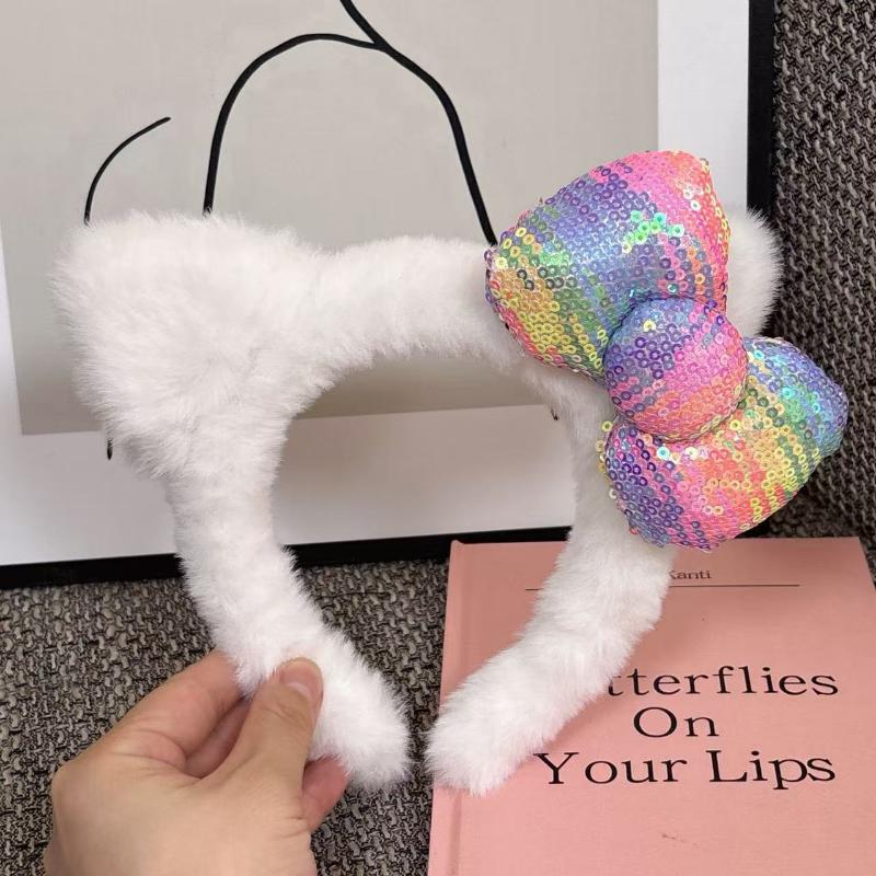Super Cute Niche Hair Band Casual Cat Ear Plush Headband Used For Washing Face Sequin Bow Headband Women'S Photo Hair Accessory