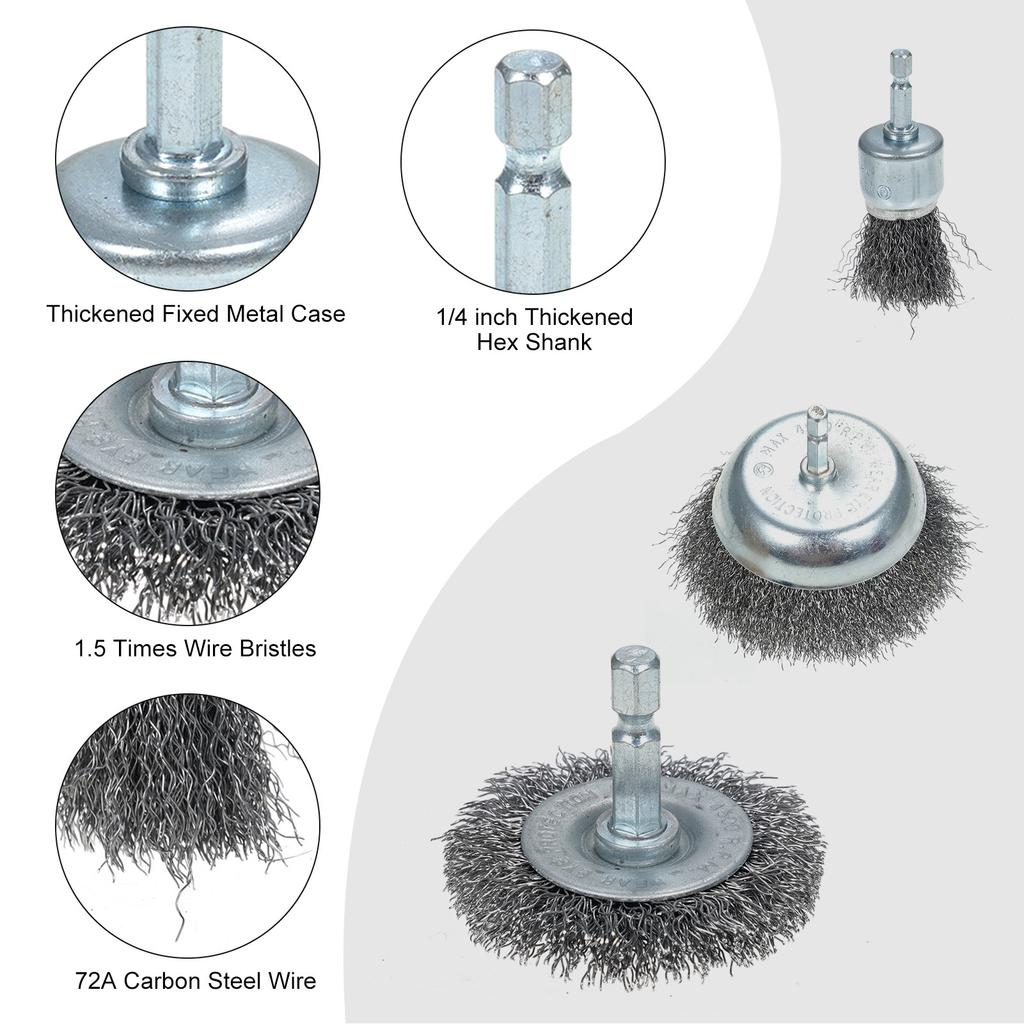 13 Pcs Wire Brush Set for Rusts Removal 0.012in Coarse Carbon Steel Crimping Wire Brush Kit with 1 4 Inch Hex Shank for