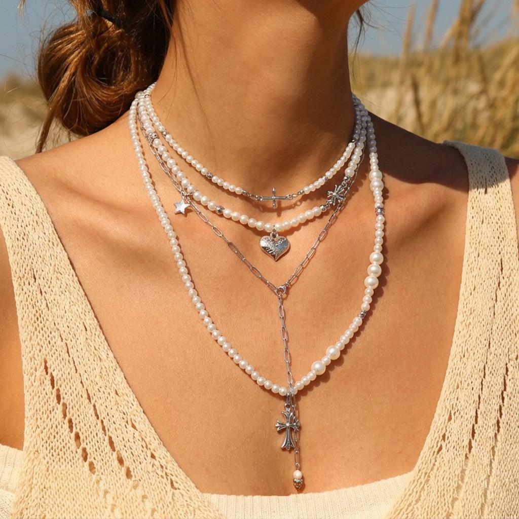 Cross Heart Faux Pearl Multi-layer Necklace - Y2K Style