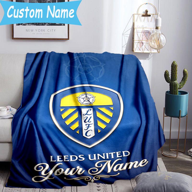 Custom Name Leeds United Crest Design Flannel Blanket, Use for Birthday/Holiday Gift, Soft Blanket for Sofa/Bed/Camping/Office, Home Decor