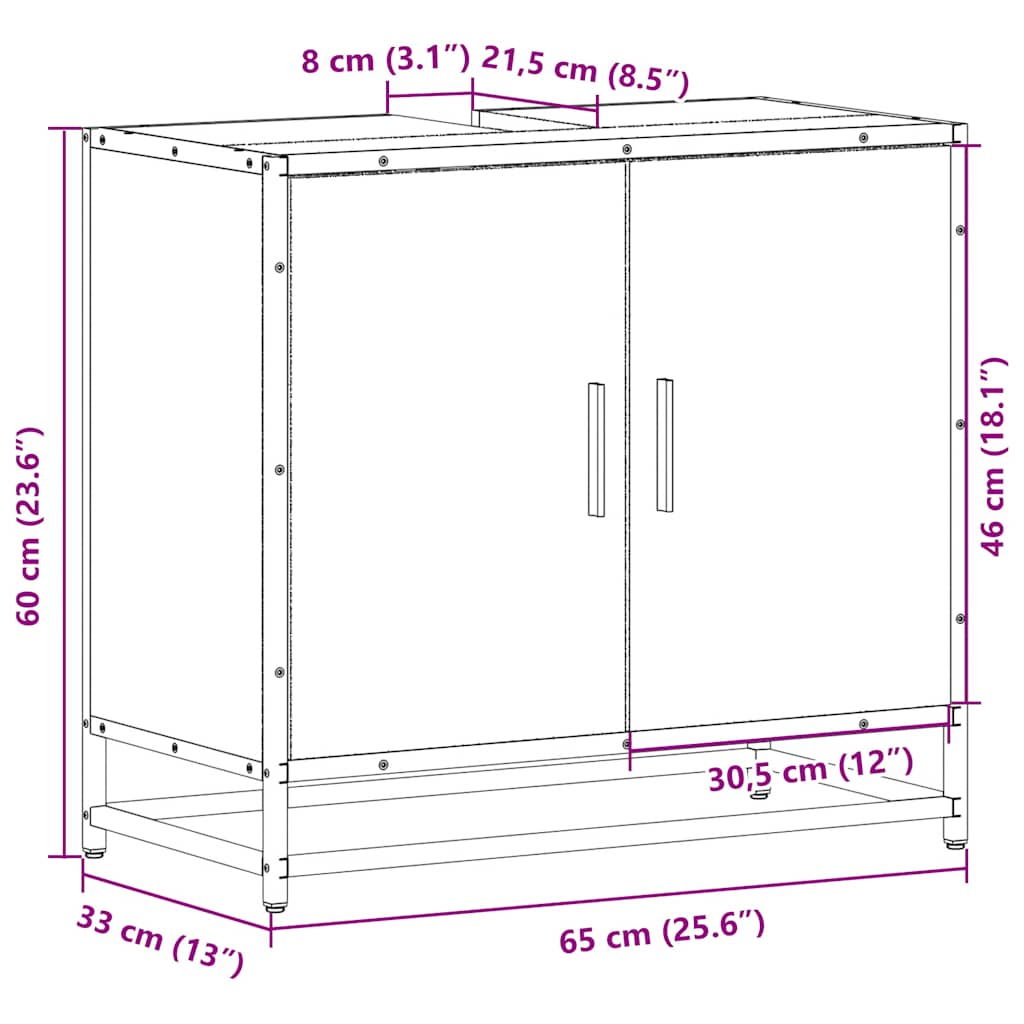 Bathroom Vanity Unit Brown Oak Effect 65 X 33 X 60 Cm