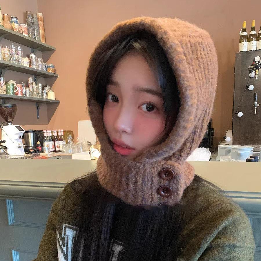 Women's Autumn Winter Cycling Large Head Circumference Wool Hat Warm Ear Protection Scarf Integrated Knitted Hat