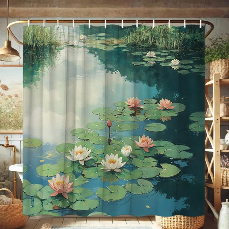 1pc White Pink for Lotus Pond Shower Curtain - Calm Floral Bathroom Decor,  Serene Lily Pad Design for Modern Bathrooms