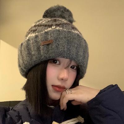 Retro Gray Wool Blended Beanie Women's Autumn and Winter Warm Knitted Cold Hat Face Revealing Small Ear Protection Hat