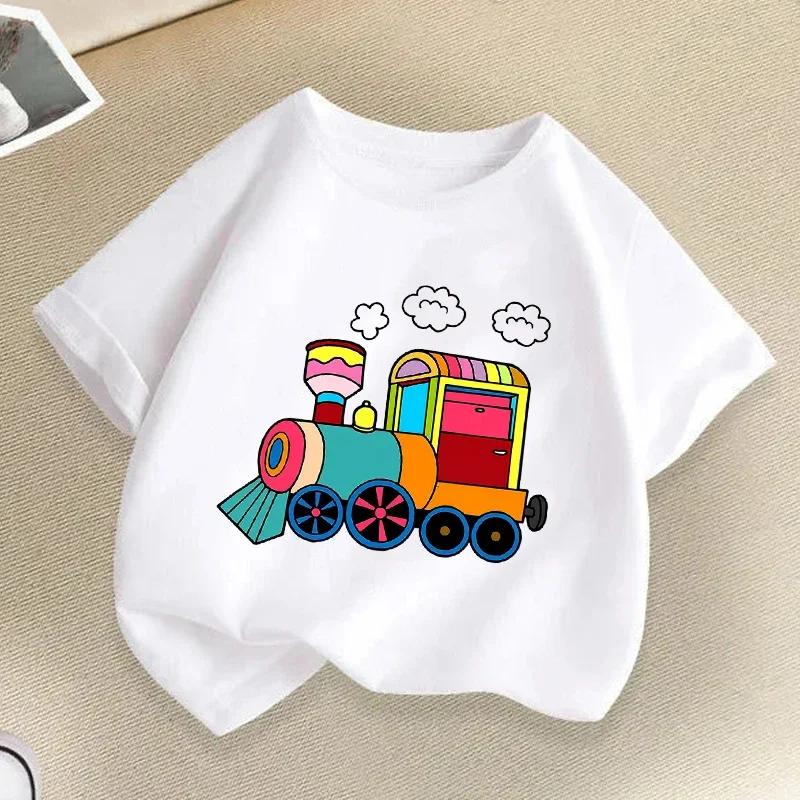 Zug Grafikdruck Kinder T-Shirts Sommer Jungen Mädchen Lustig Lässig Niedlich Weiß T-Shirts Kinder Rundhals Kurzarm T-Shirts