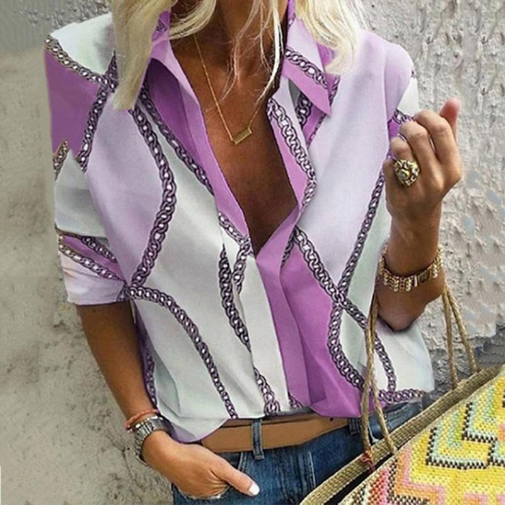 Women's Casual Fashion Loose Print Lapel Pullover Long Sleeve Shirt Tops