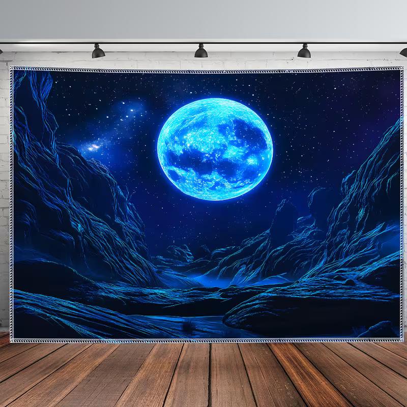 2D Cosmic Blue Moon & Mountain Tapestry Bedroom Background Decor