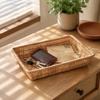 Rectangle Woven Serving Tray Wood Color Multifunctional Storage Basket  Kitchen Counter Use
