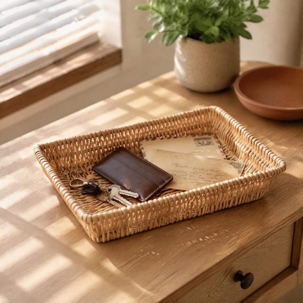 Rectangle Woven Serving Tray Wood Color Multifunctional Storage Basket Kitchen Counter Use