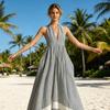 Summer Maxi Dress for Women, Sleeveless Halter V Neck A Line Long Dress, Striped Loose Fit Vacation Beach Dress with Pockets