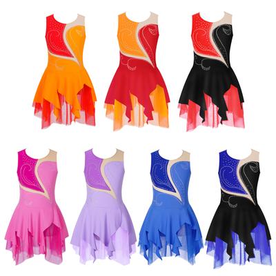 Kids Girls Dance Wear Sleeveless Shiny Rhinestone Front Hollow Back Skating Dress