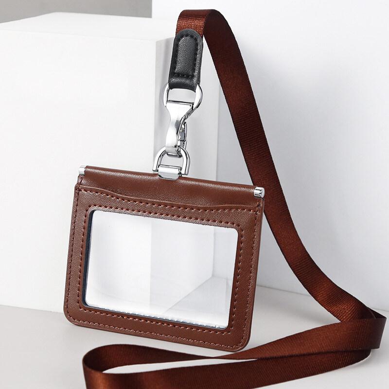 Double Sided Transparent PVC and Real Leather Work Card Holder with Lanyard Staff Hanging Neck Anti-interference Protection ID Badge Cards Cases
