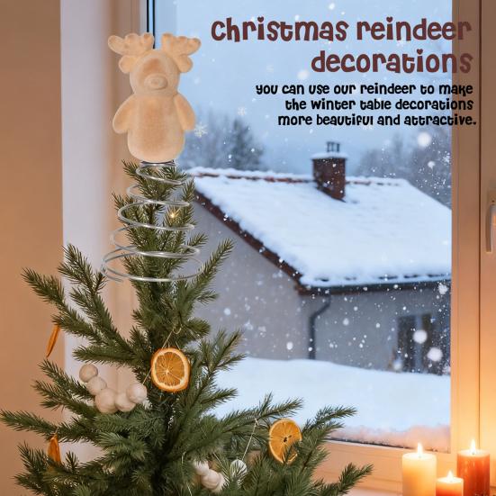 Christmas Reindeer Tree Topper 3D Flocking Elk Christmas Treetop Ornament for Indoor Home Christmas Tree