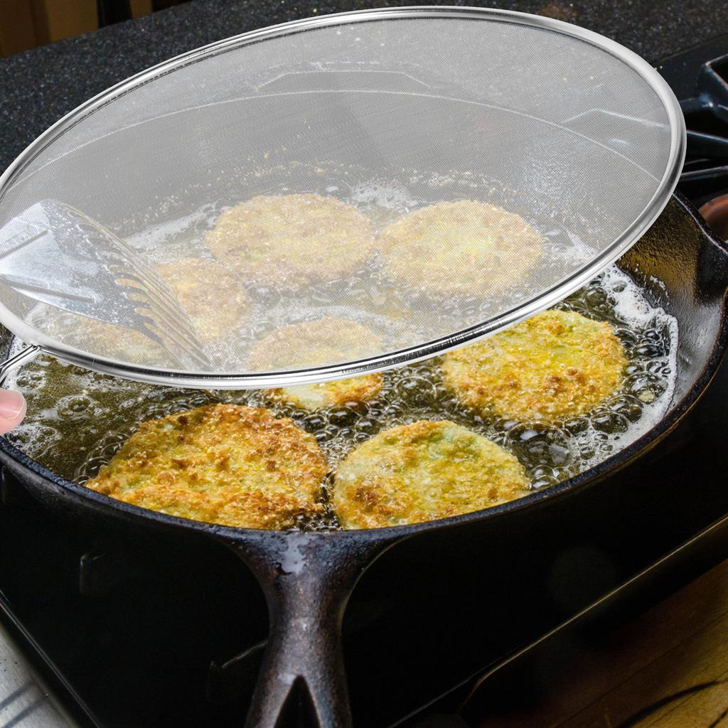 3 Stuks Spatdeksel voor Koekenpan Roestvrij Staal Spatbeschermer met Houten Handvat Fijne Gaas Olie Spatbeschermer Kookgerei